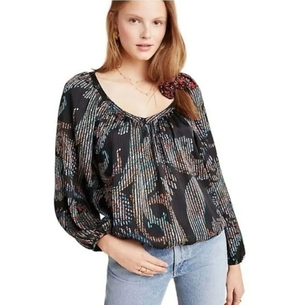 Anthropologie Maeve Madeira Burnout Satin Blouse Long Sleeve Top Size Medium
